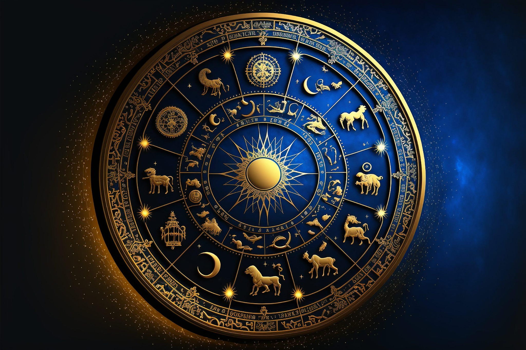 Roda zodiacal azul-real com detalhes dourados, doze signos e sol central